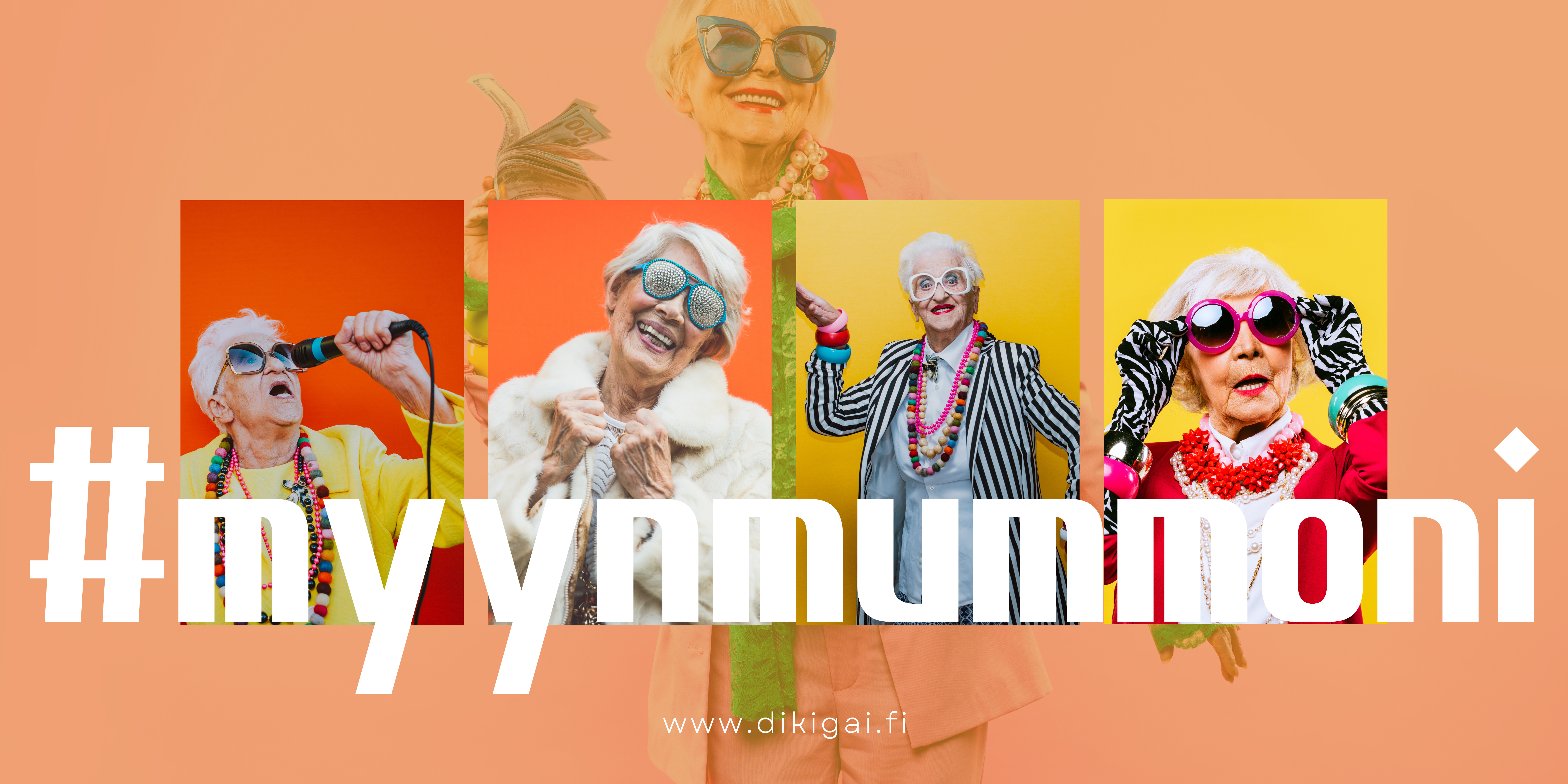 Myyn mummoni blogin kansikuva, jossa useita iloisiaja värikkäitä vanhempia rouvashenkilöitä.